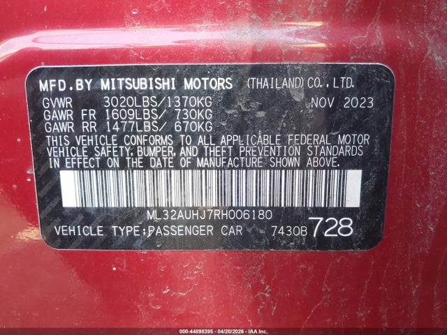 Продажа на аукционе авто 2024 Mitsubishi Mirage Es/le, vin: ML32AUHJ7RH006180, номер лота: 44898395