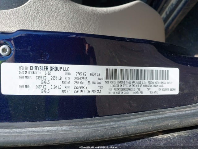 Продажа на аукционе авто 2012 Dodge Grand Caravan Se/avp, vin: 2C4RDGBG9CR260311, номер лота: 44898398