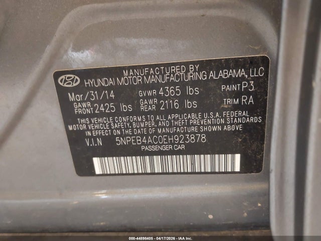 Aukcja sprzedaży 2014 Hyundai Sonata Gls, vin: 5NPEB4AC0EH923878, numer aukcji: 44898405