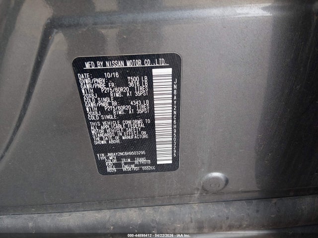 Aukcja sprzedaży 2017 Nissan Armada Sl, vin: JN8AY2NC6H9503295, numer aukcji: 44898412