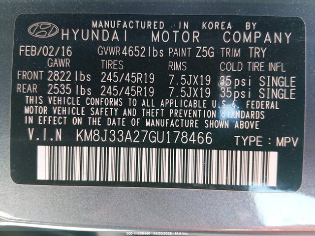 KM8J33A27GU178466 Hyundai Tucson Limited