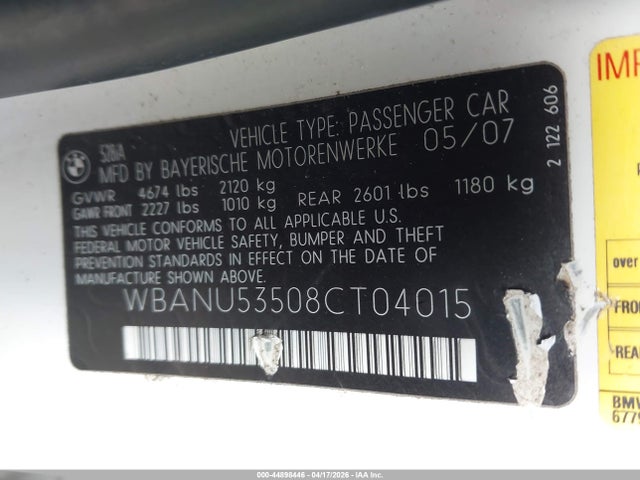 44898446 :رقم المزاد ، WBANU53508CT04015 vin ، 2008 Bmw 528i مزاد بيع
