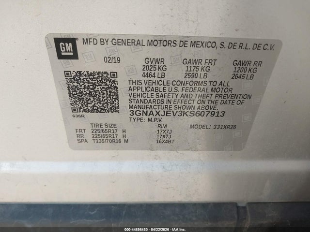44898450 :رقم المزاد ، 3GNAXJEV3KS607913 vin ، 2019 Chevrolet Equinox Lt مزاد بيع