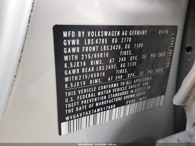 Aukcja sprzedaży 2010 Volkswagen Tiguan S, vin: WVGAV7AX7AW517686, numer aukcji: 44898453