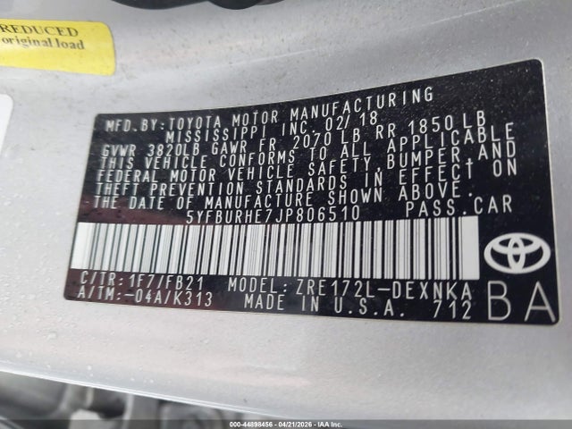 Toyota COROLLA LE 2018 5YFBURHE7JP806510 Image 9