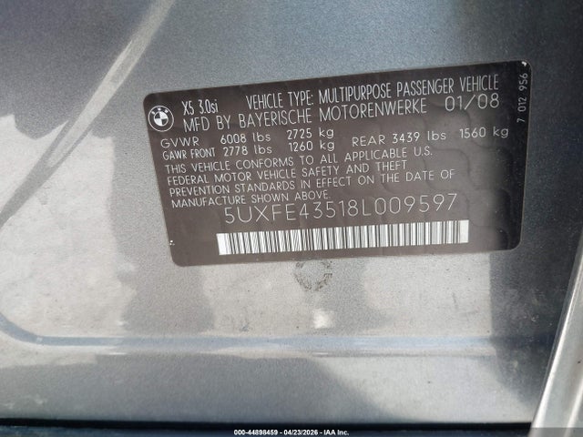Продаж на аукціоні авто 2008 Bmw X5 3.0si, vin: 5UXFE43518L009597, номер лоту: 44898459