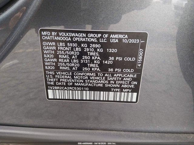 Aukcja sprzedaży 2024 Volkswagen Atlas 2.0t Sel, vin: 1V2BR2CA2RC530110, numer aukcji: 44898468