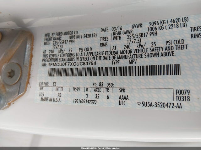 Ford ESCAPE S 2016 1FMCU0F7XGUC83754 Image 9