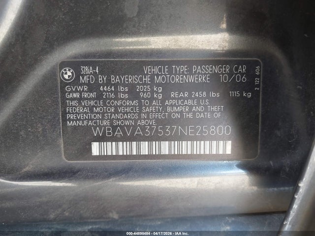 Продаж на аукціоні авто 2007 Bmw 328i, vin: WBAVA37537NE25800, номер лоту: 44898484