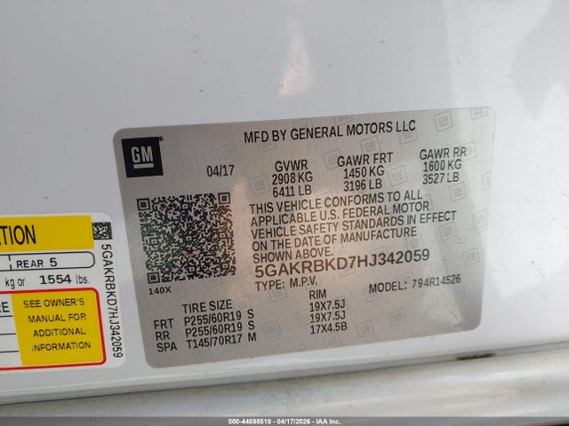 Auction sale of the 2017 Buick Enclave Leather, vin: 5GAKRBKD7HJ342059, lot number: 44898510