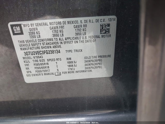 Продаж на аукціоні авто 2015 Gmc Sierra 1500 Slt, vin: 3GTU2VEC3FG238134, номер лоту: 44898513