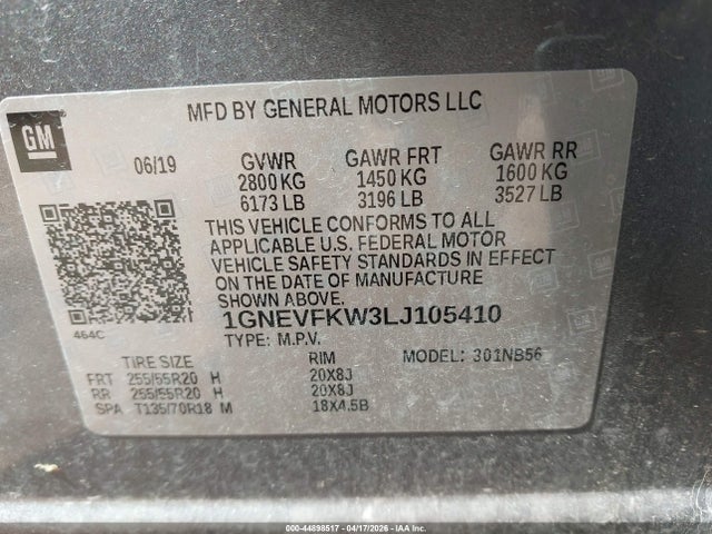 1GNEVFKW3LJ105410 Chevrolet Traverse Awd Ls