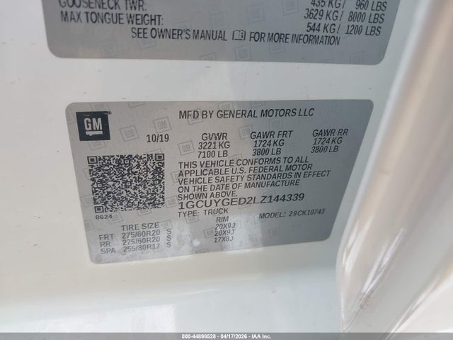2020 Chevrolet Silverado 1500 4wd  Standard Bed Ltz მანქანა იყიდება აუქციონზე, vin: 1GCUYGED2LZ144339, აუქციონის ნომერი: 44898528