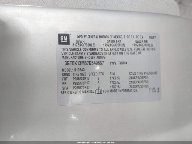 44898533 :رقم المزاد ، 3GTEK13M37G549637 vin ، 2007 Gmc Sierra 1500 Slt مزاد بيع