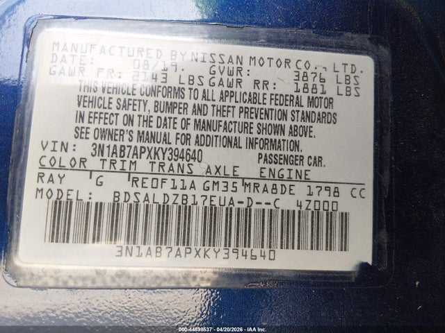 Продаж на аукціоні авто 2019 Nissan Sentra Sv, vin: 3N1AB7APXKY394640, номер лоту: 44898537