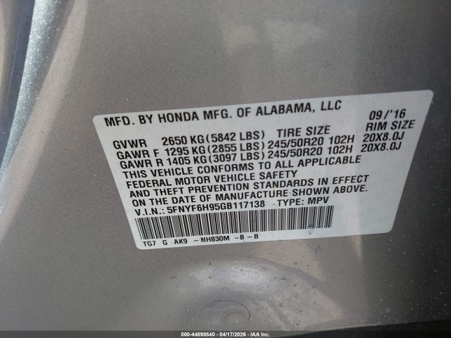 Продаж на аукціоні авто 2016 Honda Pilot Touring, vin: 5FNYF6H95GB117138, номер лоту: 44898540