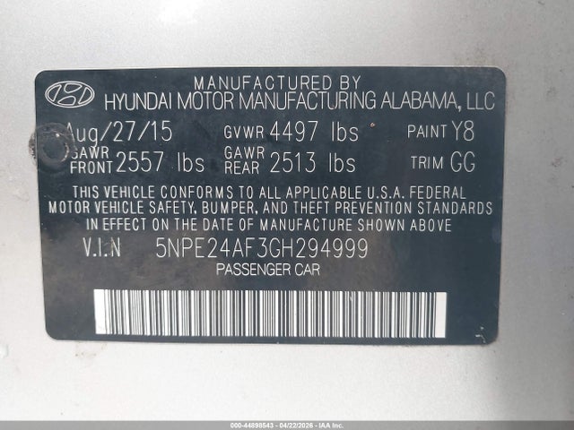 Продаж на аукціоні авто 2016 Hyundai Sonata Se, vin: 5NPE24AF3GH294999, номер лоту: 44898543