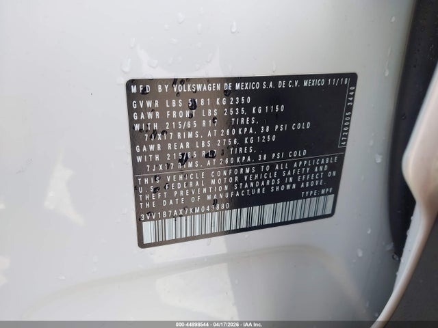 Продажа на аукционе авто 2019 Volkswagen Tiguan 2.0t S, vin: 3VV1B7AX7KM049880, номер лота: 44898544