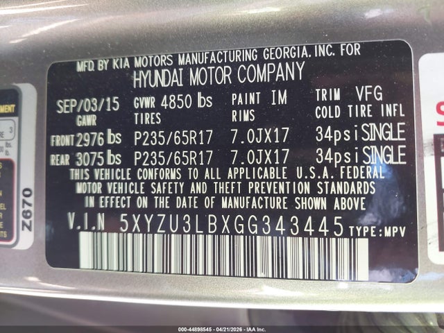 2016 Hyundai Santa Fe Sport 2.4l მანქანა იყიდება აუქციონზე, vin: 5XYZU3LBXGG343445, აუქციონის ნომერი: 44898545