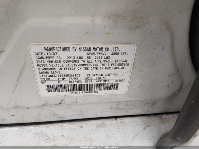 Auction sale of the 2008 Infiniti G35 Journey, vin: JNKBV61E38M206102, lot number: 44898565