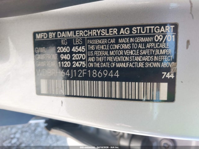 Продаж на аукціоні авто 2002 Mercedes-benz C 320, vin: WDBRH64J12F186944, номер лоту: 44898566