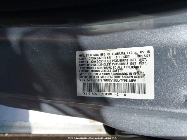 Aukcja sprzedaży 2016 Honda Odyssey Touring/touring Elite, vin: 5FNRL5H97GB051005, numer aukcji: 44898572