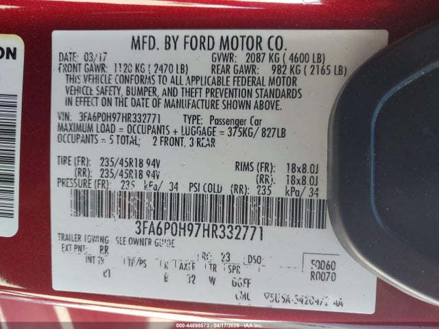 44898573 :رقم المزاد ، 3FA6P0H97HR332771 vin ، 2017 Ford Fusion Se مزاد بيع