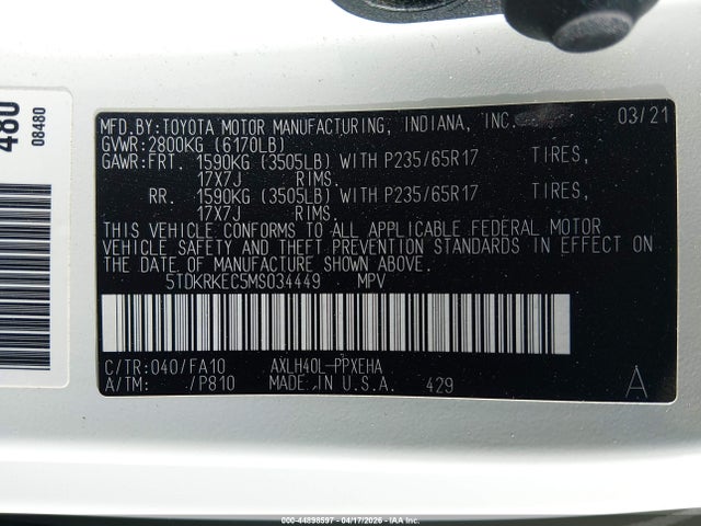 Aukcja sprzedaży 2021 Toyota Sienna Le, vin: 5TDKRKEC5MS034449, numer aukcji: 44898597