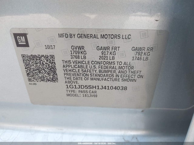 Продажа на аукционе авто 2018 Chevrolet Sonic Lt Auto, vin: 1G1JD5SH1J4104038, номер лота: 44898598