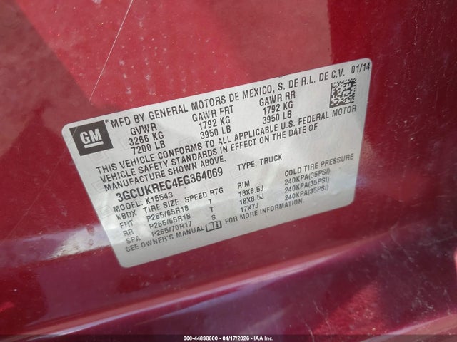 44898600 :رقم المزاد ، 3GCUKREC4EG364069 vin ، 2014 Chevrolet Silverado 1500 1lt مزاد بيع
