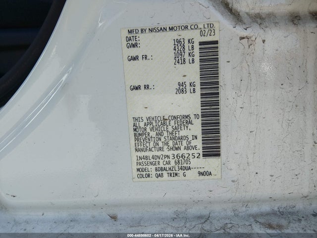 Продажа на аукционе авто 2023 Nissan Altima Sv Fwd, vin: 1N4BL4DV2PN366252, номер лота: 44898602