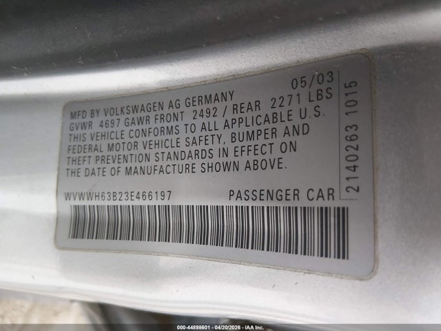 Продажа на аукционе авто 2003 Volkswagen Passat Glx, vin: WVWWH63B23E466197, номер лота: 44898601