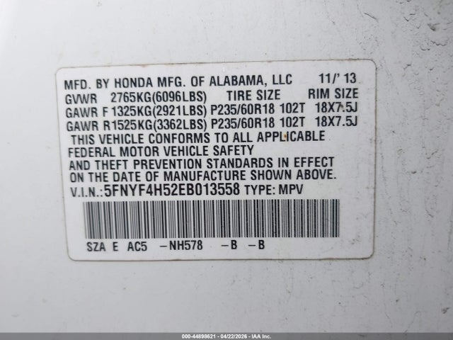 Honda Pilot Ex-l 2014 5FNYF4H52EB013558 Image 9