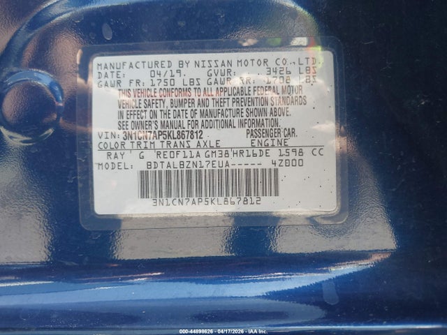 Aukcja sprzedaży 2019 Nissan Versa 1.6 Sv, vin: 3N1CN7AP5KL867812, numer aukcji: 44898626