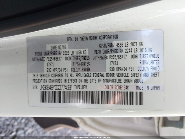 44898628 :رقم المزاد ، JM3KE4BY0G0774691 vin ، 2016 Mazda Cx-5 Sport مزاد بيع
