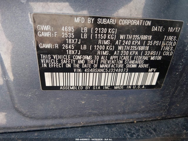 44898633 :رقم المزاد ، 4S4BSANC5J3248073 vin ، 2018 Subaru Outback 2.5i Limited مزاد بيع