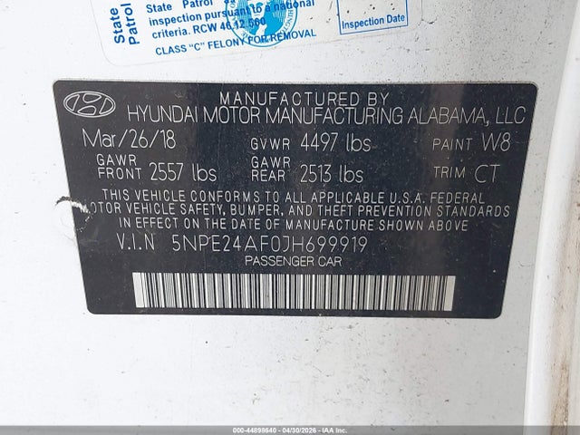 5NPE24AF0JH699919 Hyundai SONATA SE