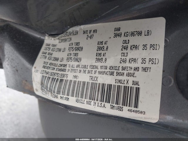 2007 Dodge Ram 1500 Slt მანქანა იყიდება აუქციონზე, vin: 1D7HA18287S193076, აუქციონის ნომერი: 44898664