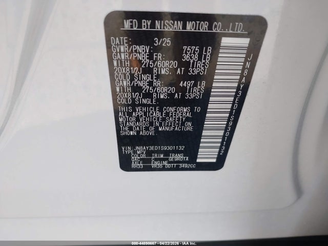 44898667 :رقم المزاد ، JN8AY3ED1S9301132 vin ، 2025 Nissan Armada Platinum 2wd مزاد بيع