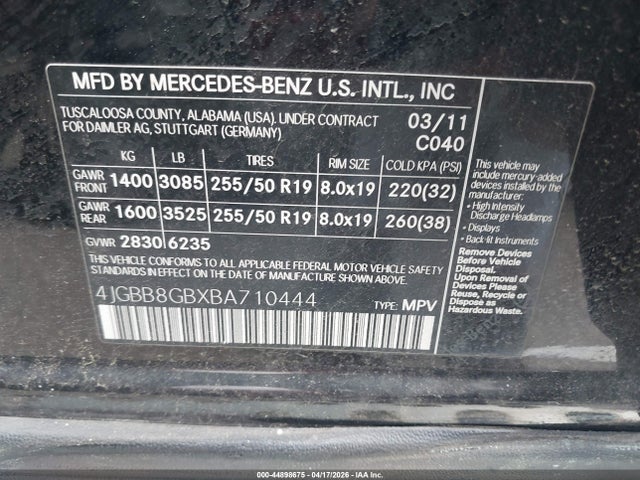 Aukcja sprzedaży 2011 Mercedes-benz Ml 350 4matic, vin: 4JGBB8GBXBA710444, numer aukcji: 44898675