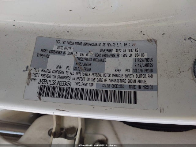 2018 Mazda Mazda3 Touring მანქანა იყიდება აუქციონზე, vin: 3MZBN1L32JM239454, აუქციონის ნომერი: 44898681