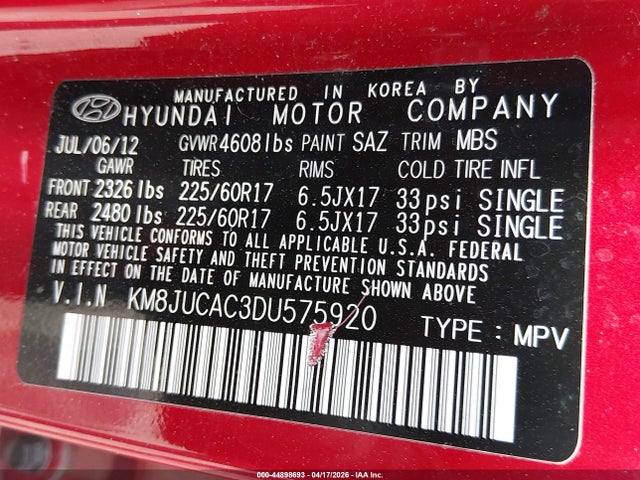 2013 Hyundai Tucson Gls მანქანა იყიდება აუქციონზე, vin: KM8JUCAC3DU575920, აუქციონის ნომერი: 44898693