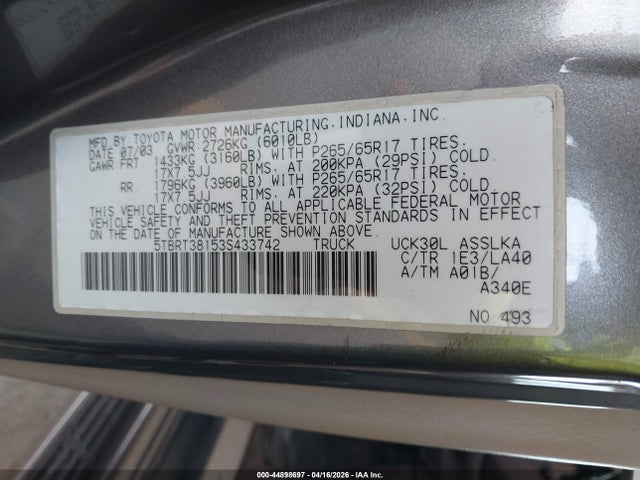 Aukcja sprzedaży 2003 Toyota Tundra Limited V8, vin: 5TBRT38153S433742, numer aukcji: 44898697