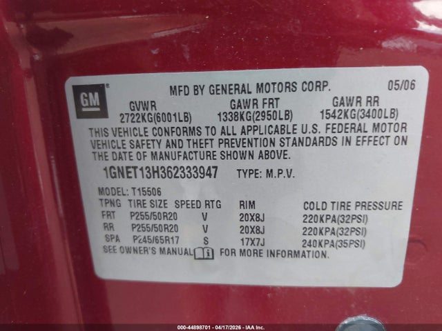 44898701 :رقم المزاد ، 1GNET13H362333947 vin ، 2006 Chevrolet Trailblazer Lt مزاد بيع
