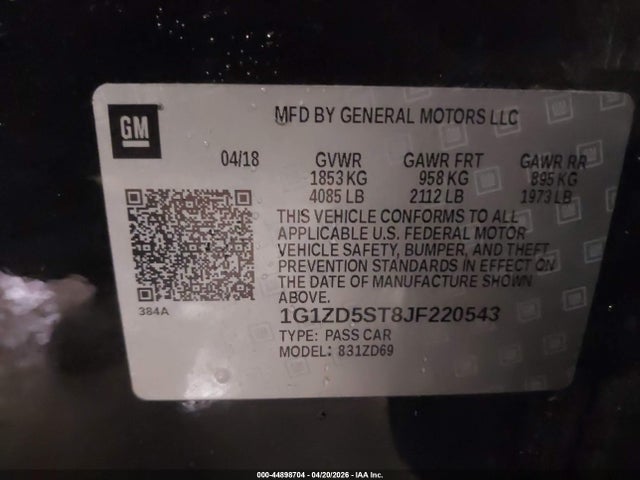 Продаж на аукціоні авто 2018 Chevrolet Malibu Lt, vin: 1G1ZD5ST8JF220543, номер лоту: 44898704