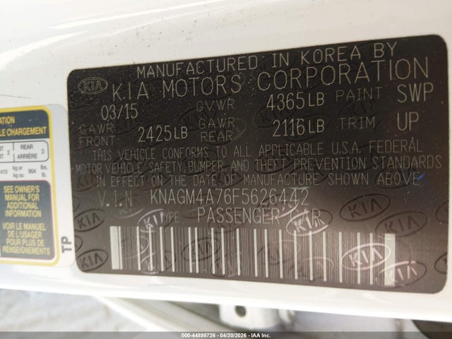 Продаж на аукціоні авто 2015 Kia Optima Lx, vin: KNAGM4A76F5626442, номер лоту: 44898726