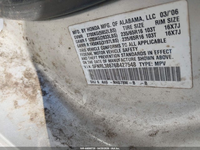 Aukcja sprzedaży 2006 Honda Odyssey Ex-l, vin: 5FNRL38676B427548, numer aukcji: 44898728