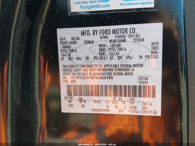 Aukcja sprzedaży 2007 Ford Escape Xlt/xlt Sport, vin: 1FMYU03187KA84185, numer aukcji: 44898751
