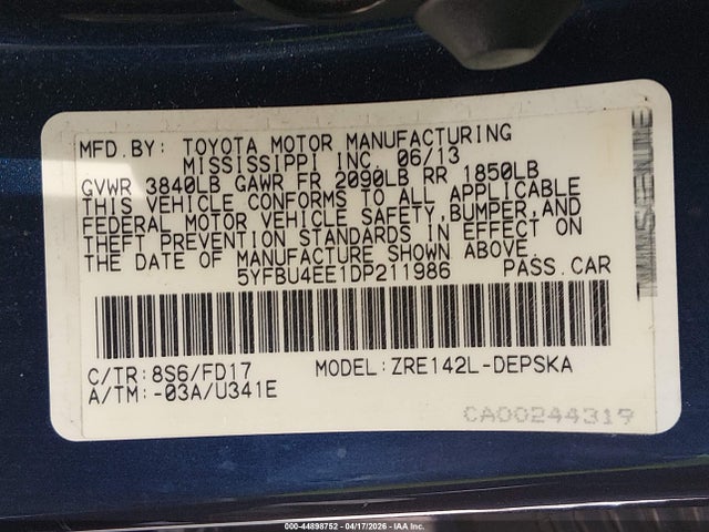 Продажа на аукционе авто 2013 Toyota Corolla S, vin: 5YFBU4EE1DP211986, номер лота: 44898752