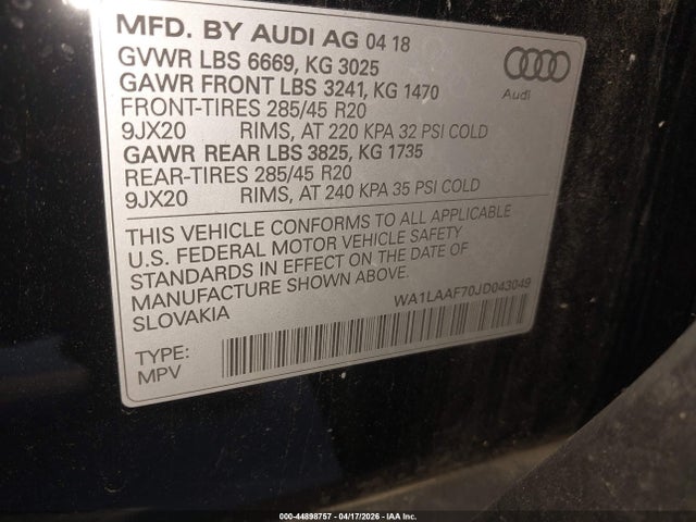 44898757 :رقم المزاد ، WA1LAAF70JD043049 vin ، 2018 Audi Q7 3.0t Premium مزاد بيع